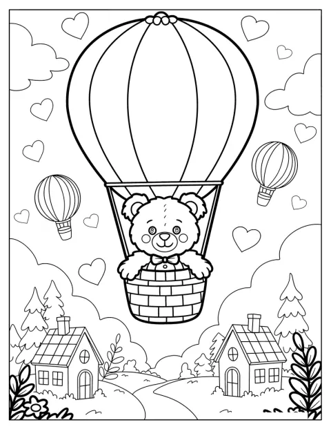 Un oso de peluche sobrevuela un pueblo en un globo aerostático.