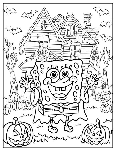 Bob l’éponge se tient devant une maison hantée.