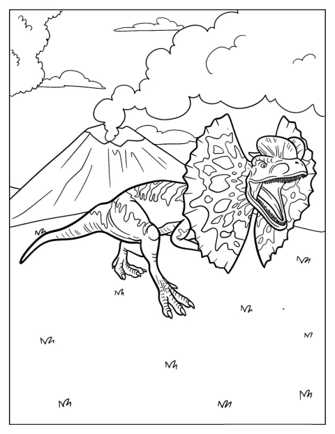 Egy Dilophosaurus a kitörő vulkán elől fut.