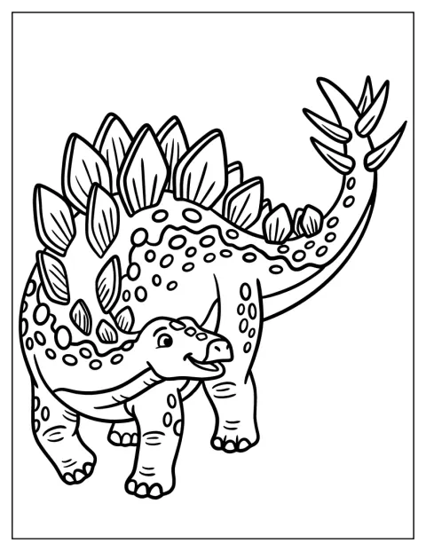 Stegosaurus zvedá ostnatý ocas a ukazuje desky na zádech.