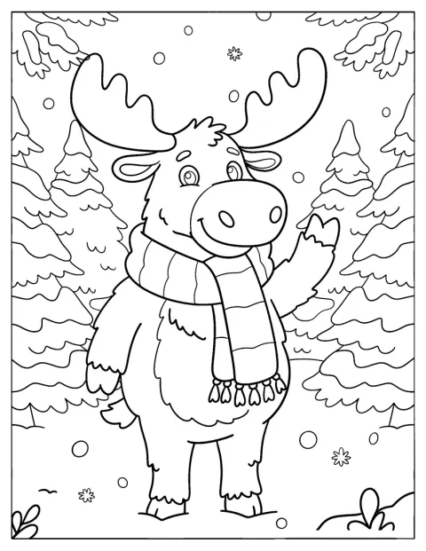 Dans une forêt couverte de neige, un élan en écharpe lève la patte pour saluer.