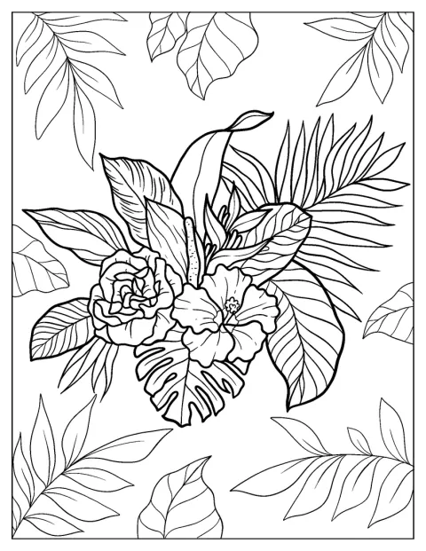 Des fleurs tropicales et des feuilles de calathéa composent un bouquet exotique.