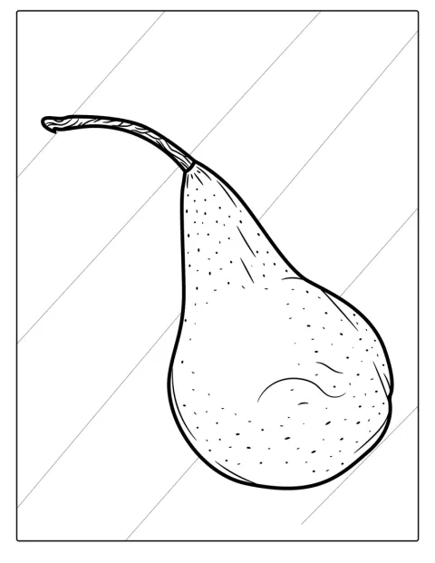 みずみずしい洋梨が一つ、葉をつけて描かれています。