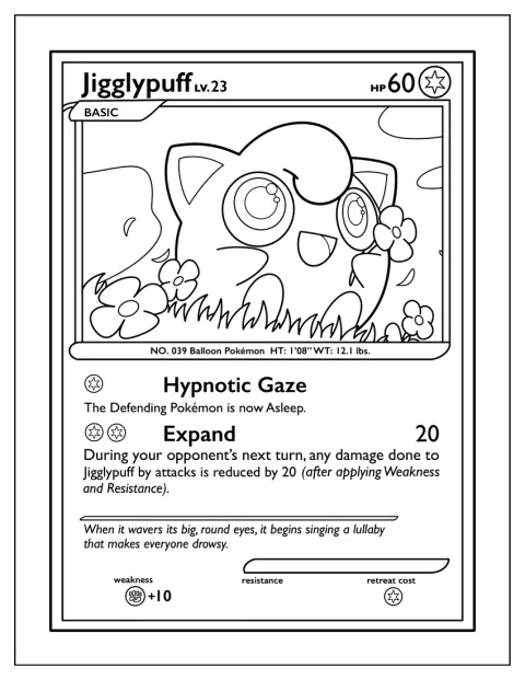 Jigglypuff fixează privitorul cu o privire hipnotică, într-o carte Pokémon.