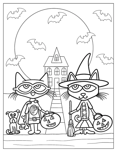 Pete the Cat slaví Halloween v tematické scéně s halloweenskými motivy.