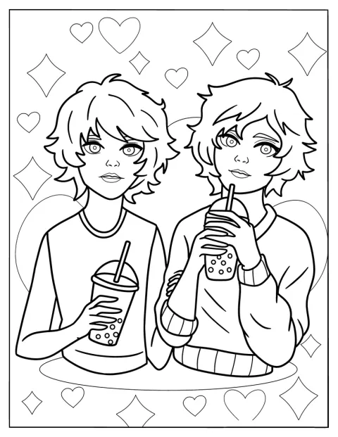Dwaj długowłosi chłopcy piją herbatę bąbelkową przez słomki.