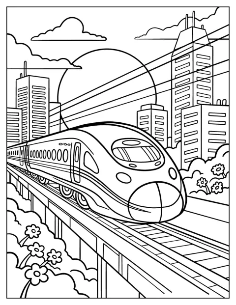 花が咲き、架線が張られた場所を現代的な都市列車が走っています。