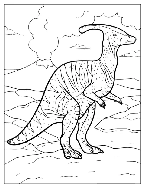 Ein Parasaurolophus steht vor einem Vulkan.