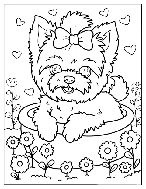 En pytteliten yorkievalp med rosett sitter i en skål full av blommor.