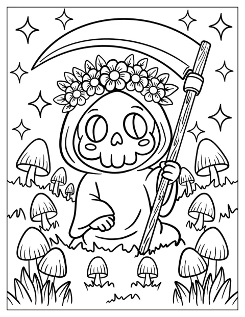 Com uma coroa de flores, o Ceifador está num campo cheio de cogumelos.