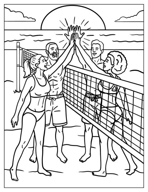 Mænd og kvinder giver hinanden en highfive under volleyballkampen.