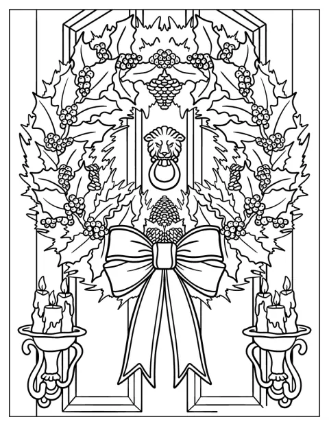 Realistic Christmas Wreath Coloring Page On The Front Door