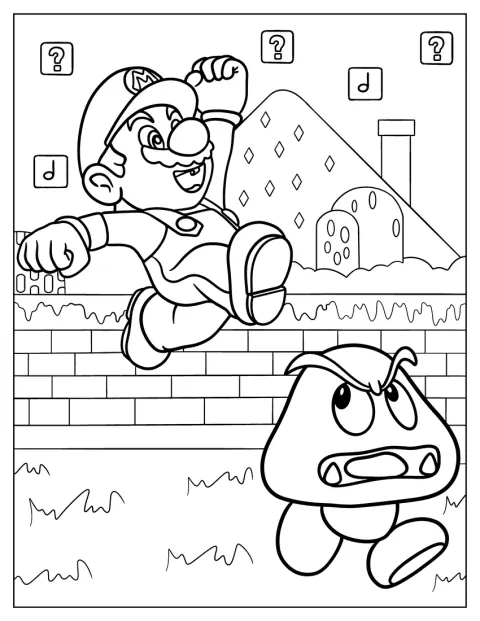 Mario lendületesen átugrik az útjában álló Goomba fölött.