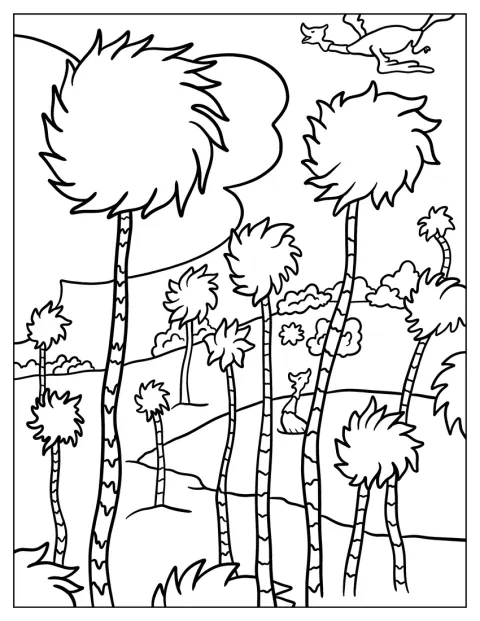 Lorax kulkee Truffula-metsän puiden lomassa.
