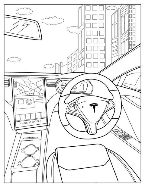 大きな画面のダッシュボードを備えたTeslaの車内です。