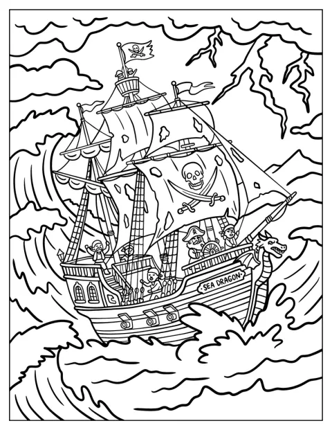 Un navire pirate fend d’immenses vagues pendant une tempête.