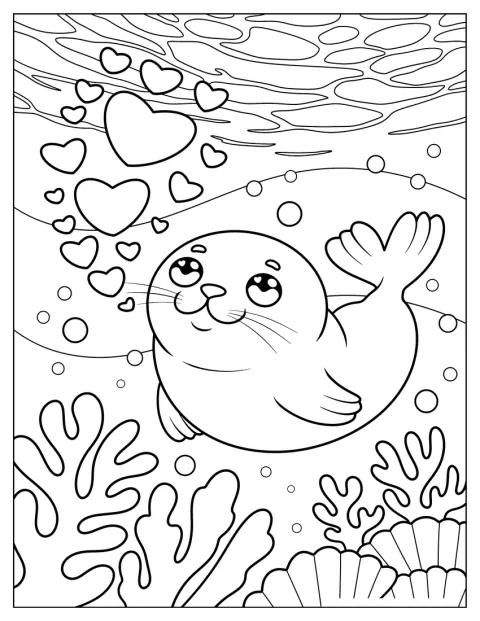 Bajo el agua, una cría de foca nada entre burbujas con forma de corazón.