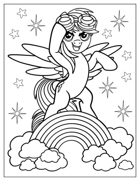 Con gli occhiali da volo, Rainbow Dash sta in piedi sopra un arcobaleno.