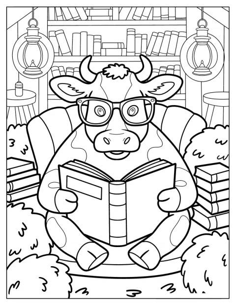Una vaca lista lee un libro en una acogedora biblioteca.