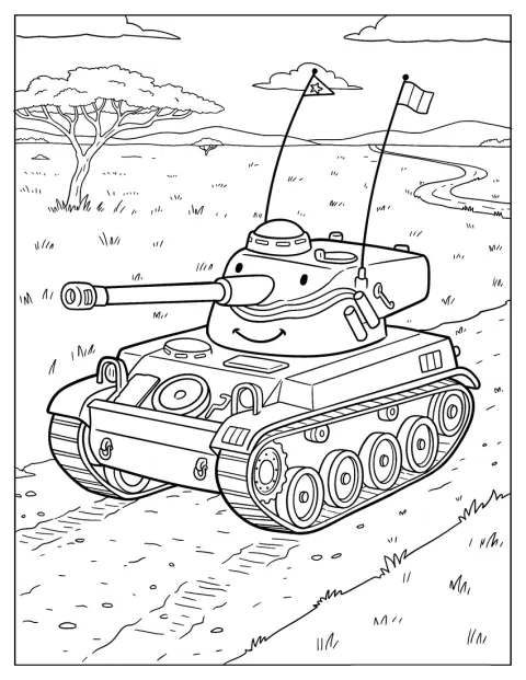 Zászlókkal díszített rajzfilmes harckocsi gurul egy vidéki úton.