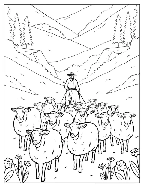 Un berger conduit un troupeau de moutons à travers des prés montagneux.