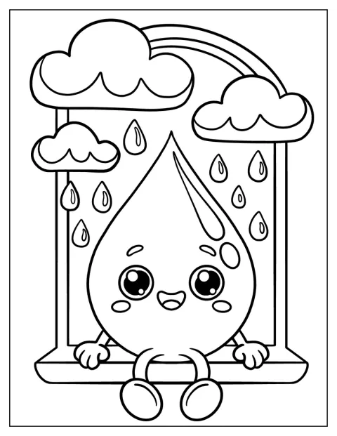 Friendly Cartoon Raindrop Seated on Window Ledge as Rain Coloring Page Falls Outside