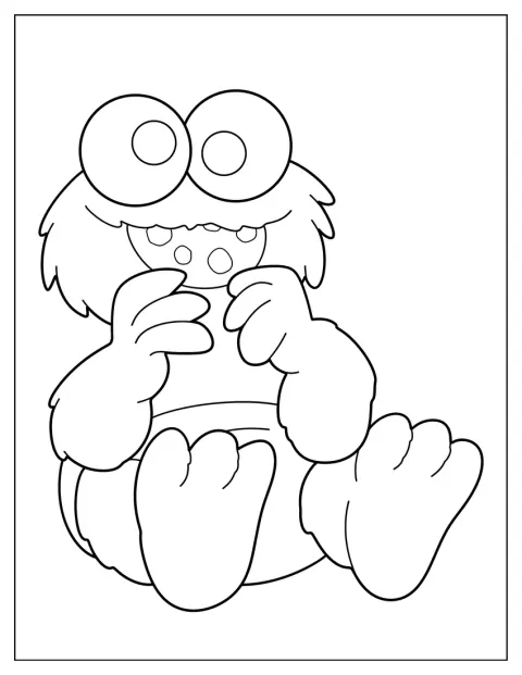 Cookie Monster bebé come bolachas, sentado entre algumas migalhas.