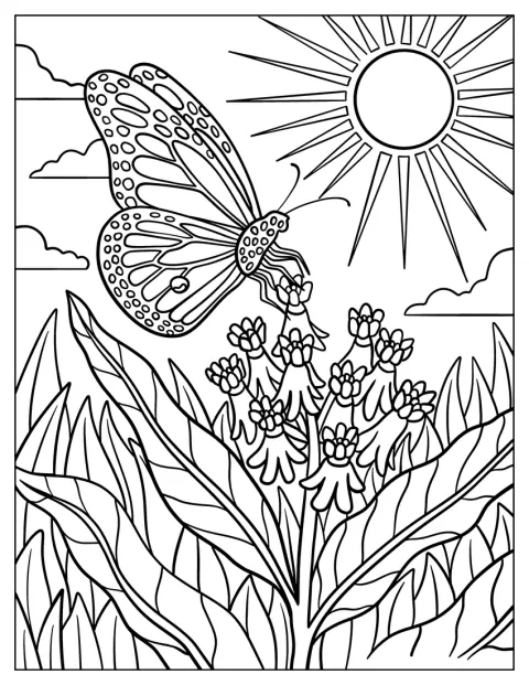 Una mariposa monarca se alimenta de una flor de algodoncillo en un campo soleado.