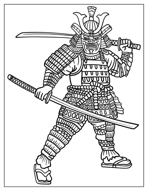 Un samouraï porte un masque mempō et deux sabres.