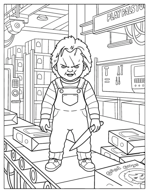 Chucky se encuentra en una fábrica de juguetes.