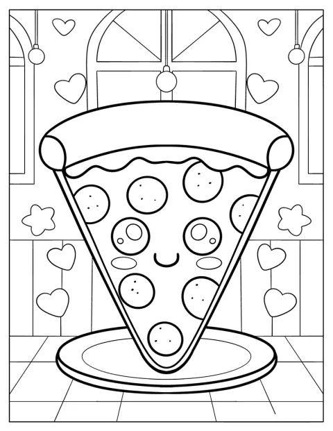 Et tegneserieaktig pizzastykke er omgitt av stjerner og kjærlighetshjerter.