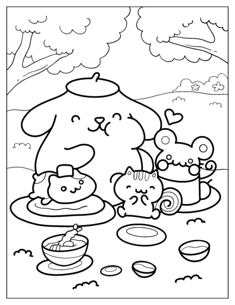 Pompompurin on Muffinin, Bagelin ja Sconen seurassa.