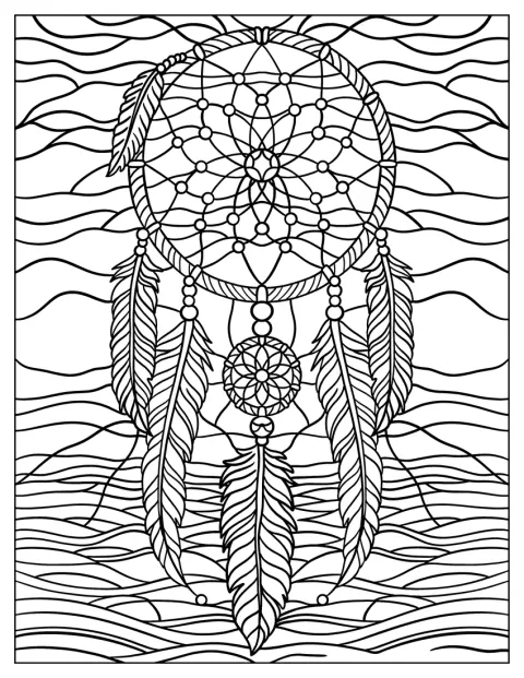 Un atrapasueños con cuentas y ondas luce un diseño de vidriera.