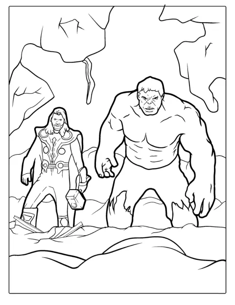 Hulk en Thor staan samen afgebeeld.