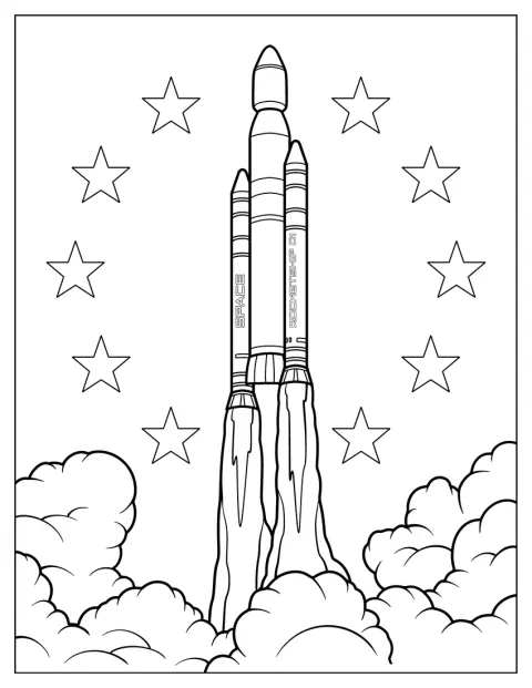 煙を上げる大型ロケットが星空へ打ち上がっています。