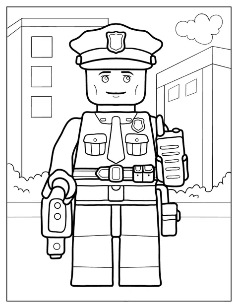 Ein LEGO-Polizist steht in seiner Uniform bereit.