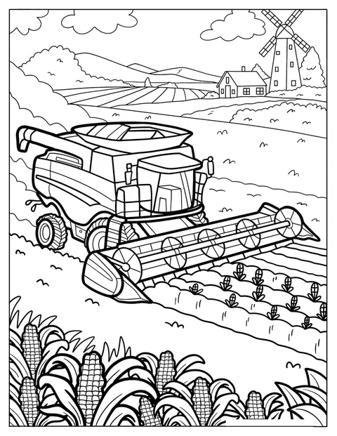 Egy mezőgazdasági traktor terményeket gyűjt a lankás földeken.