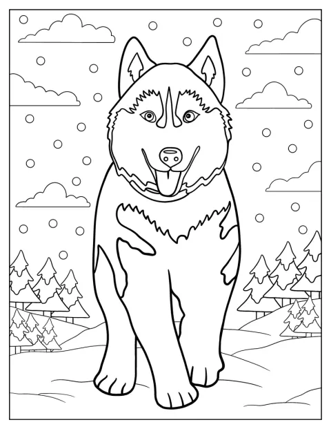 Un husky siberiano dal pelo folto posa di fronte a te.