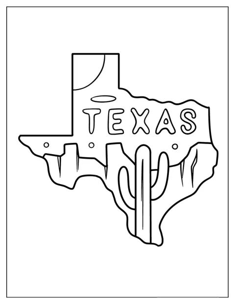 Ein lächelnder Kaktus steht neben einer freundlich gestalteten Karte von Texas.