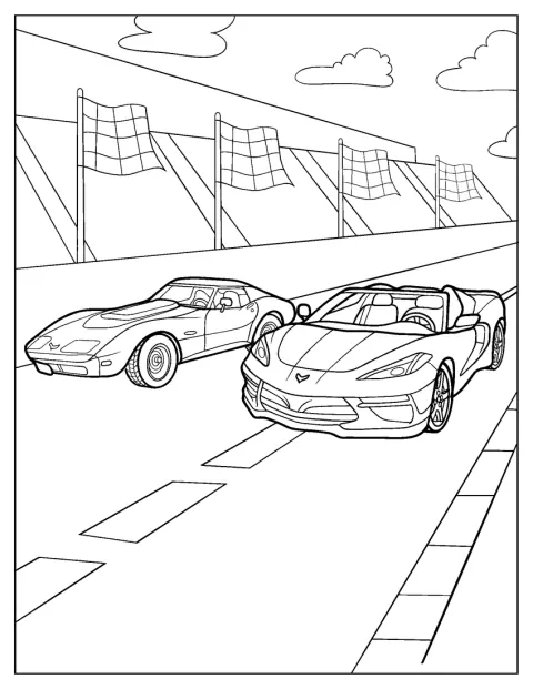 Een vintage Corvette en een modern model racen samen op het circuit.