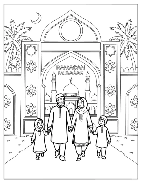 En muslimsk familj går tillsammans framför en moské.