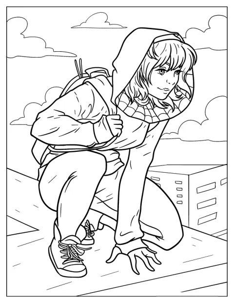 Spider-Gwen kuca na skraju dachu wysoko nad ulicą.