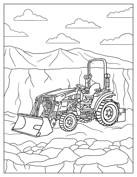 Un tractor John Deere con pala avanza por un terreno lleno de rocas.