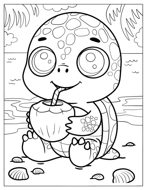 Una tortuga pequeña bebe zumo de coco con una pajita.