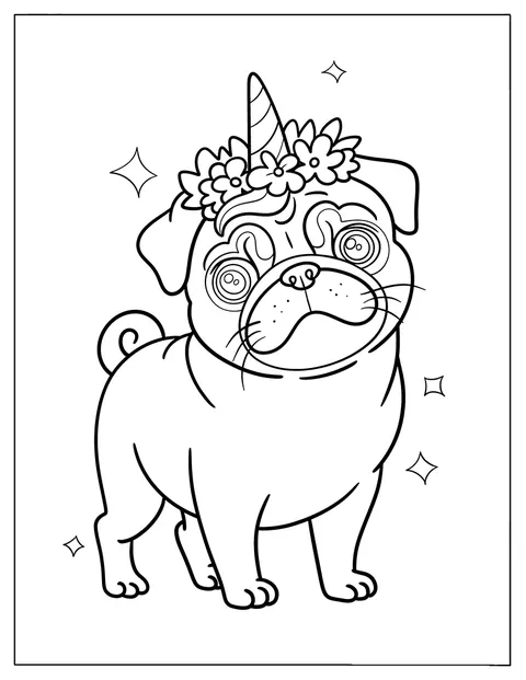 En mops har på seg et enhjørninghorn og en blomsterkrans.