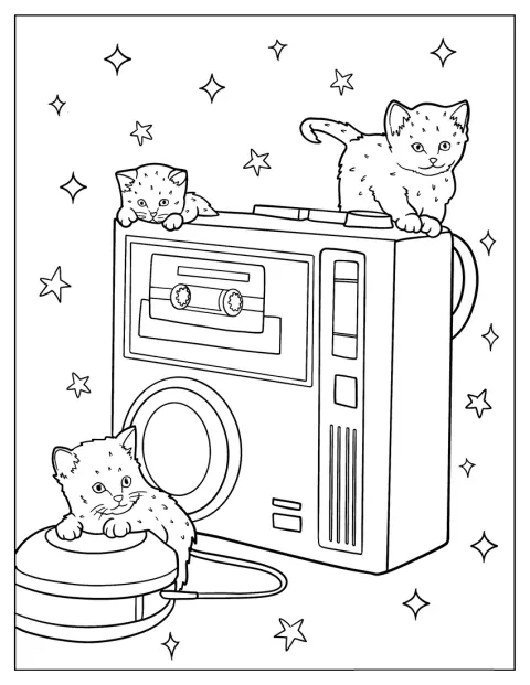 Tiny Kittens Playing On An 80s Coloring Page Of Walkman