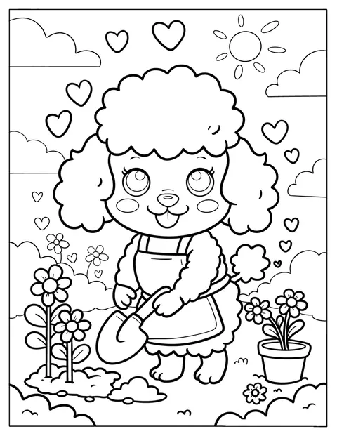 In een bloementuin graaft een poedel vrolijk tussen de bloemen.