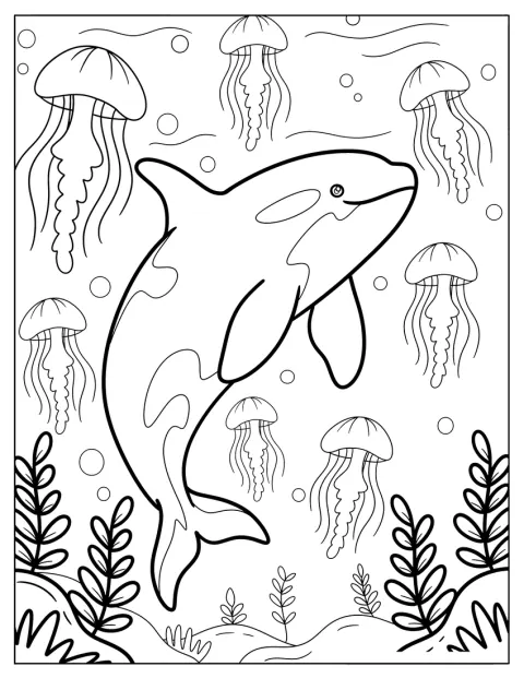Un’orca nuota tra meduse e piante sul fondo del mare.