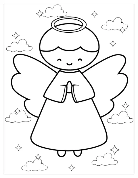 Un ángel aparece con alas y aureola en un dibujo de trazos simples.