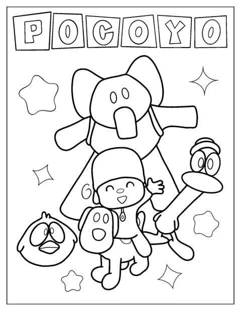 Pocoyo și prietenii lui sunt redați prin contururi simple.